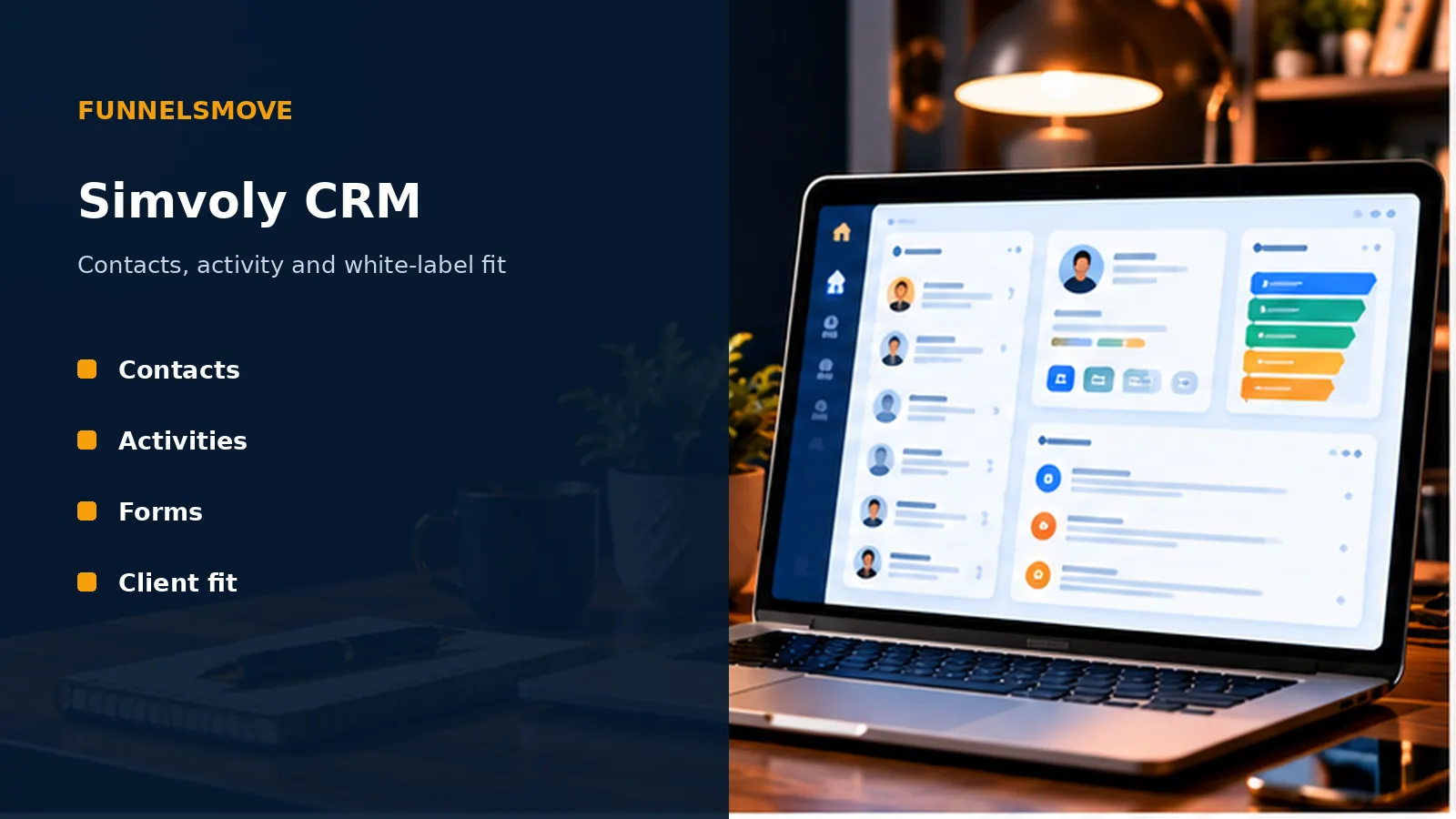 Simvoly CRM: Contacts, Sales and White-Label Fit illustrated in a modern laptop workspace