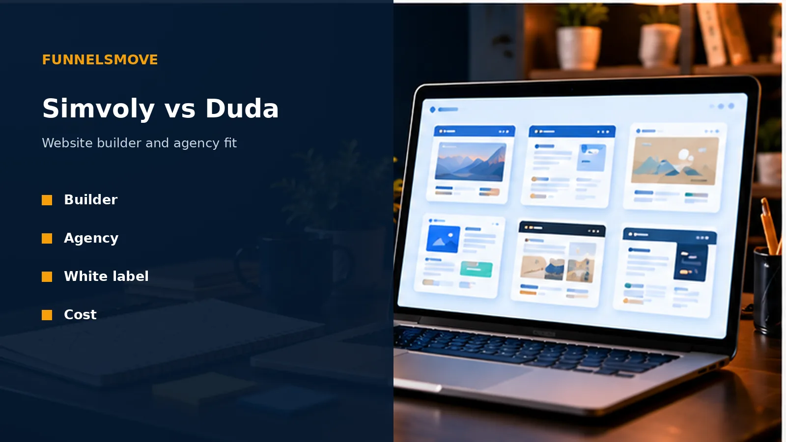 Simvoly vs Duda: Website Builder and Agency Fit illustrated in a modern workspace
