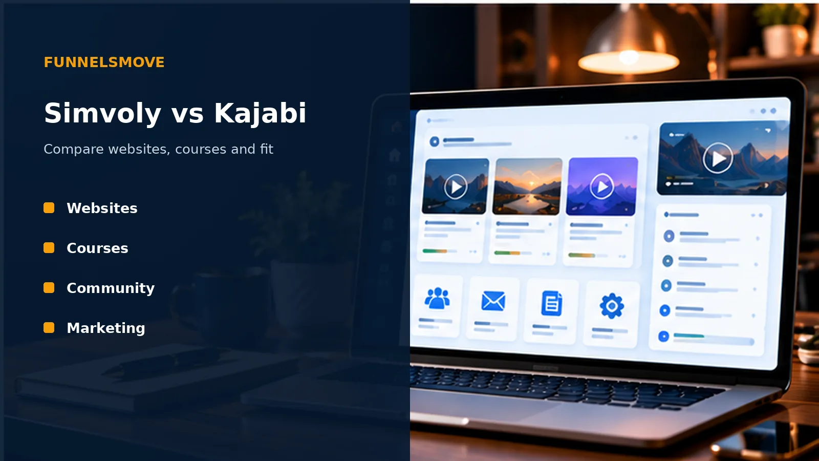 Simvoly vs Kajabi: Websites, Courses and Fit illustrated in a modern laptop workspace