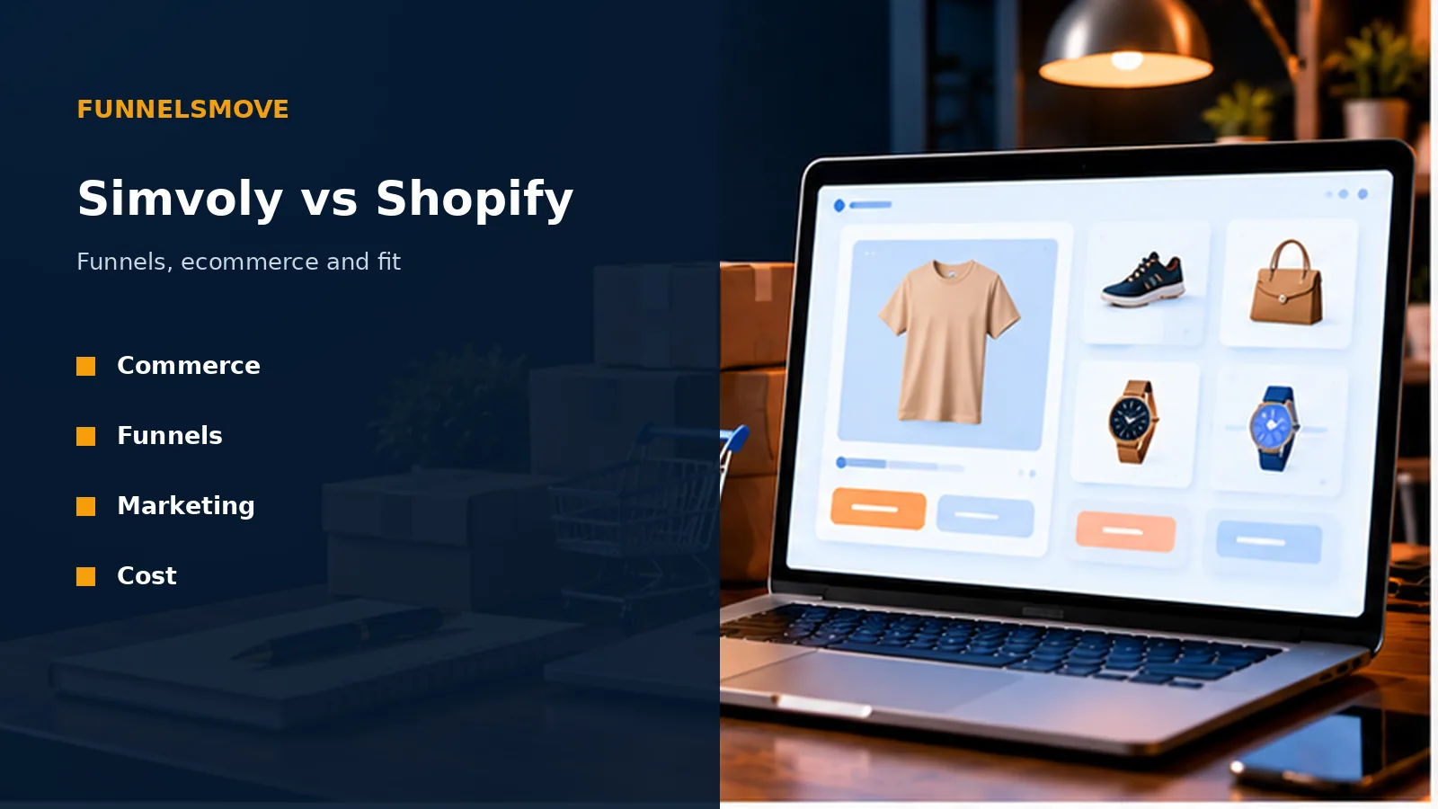 Simvoly vs Shopify: Funnels, Ecommerce and Fit illustrated in a modern workspace