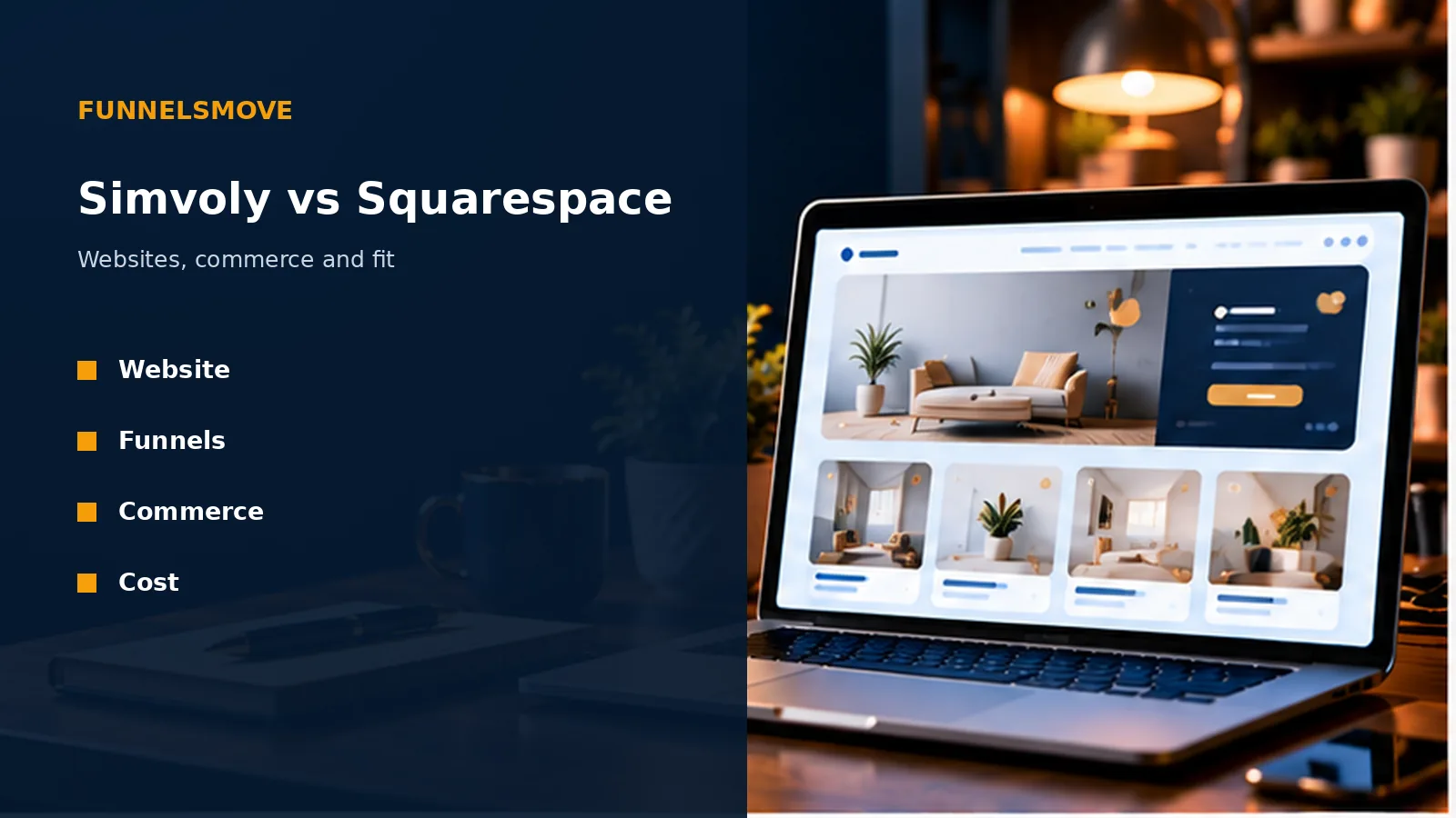 Simvoly vs Squarespace: Websites, Commerce and Fit illustrated in a modern workspace