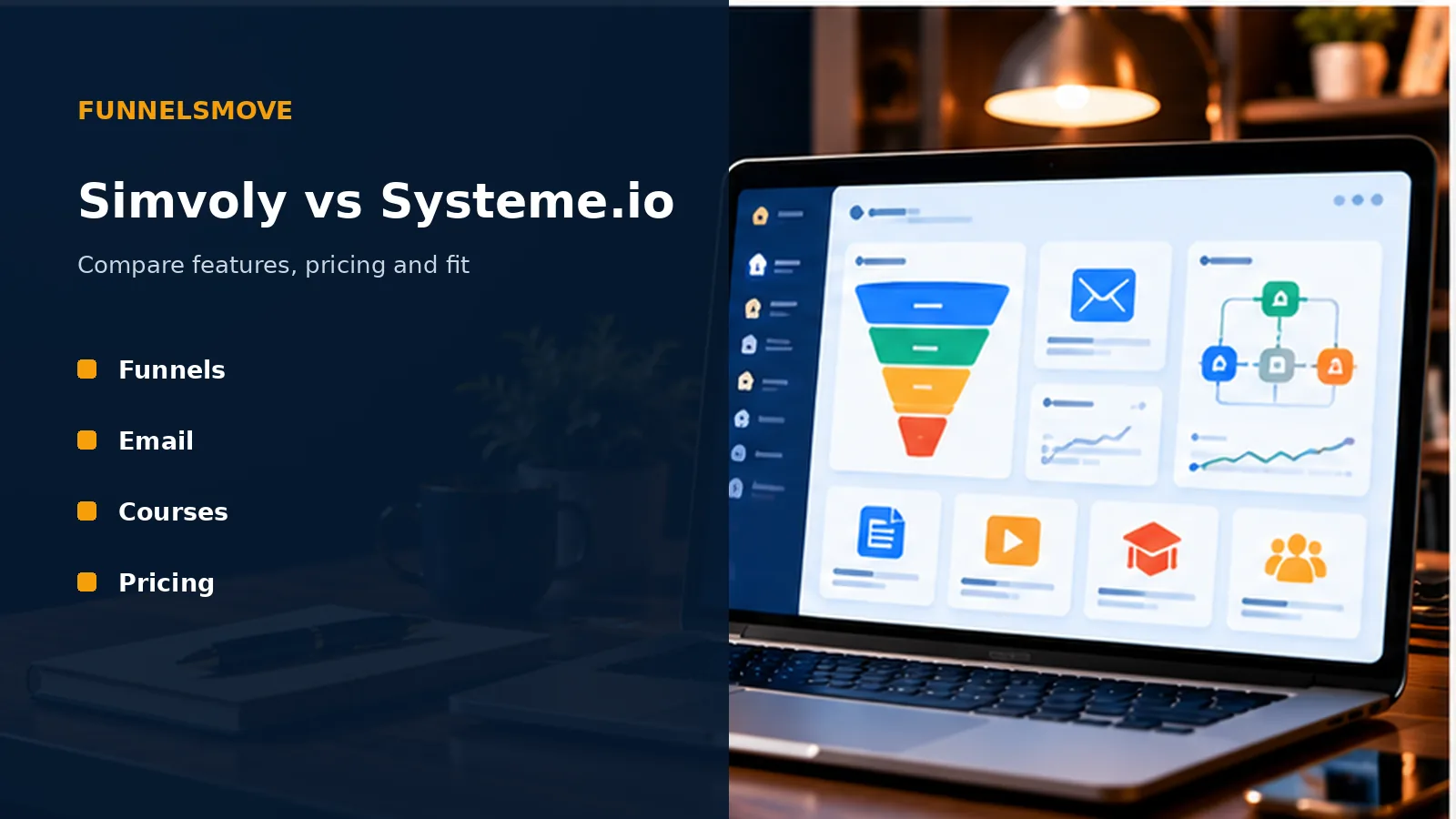 Simvoly vs Systeme.io: Features, Pricing and Fit illustrated in a modern laptop workspace