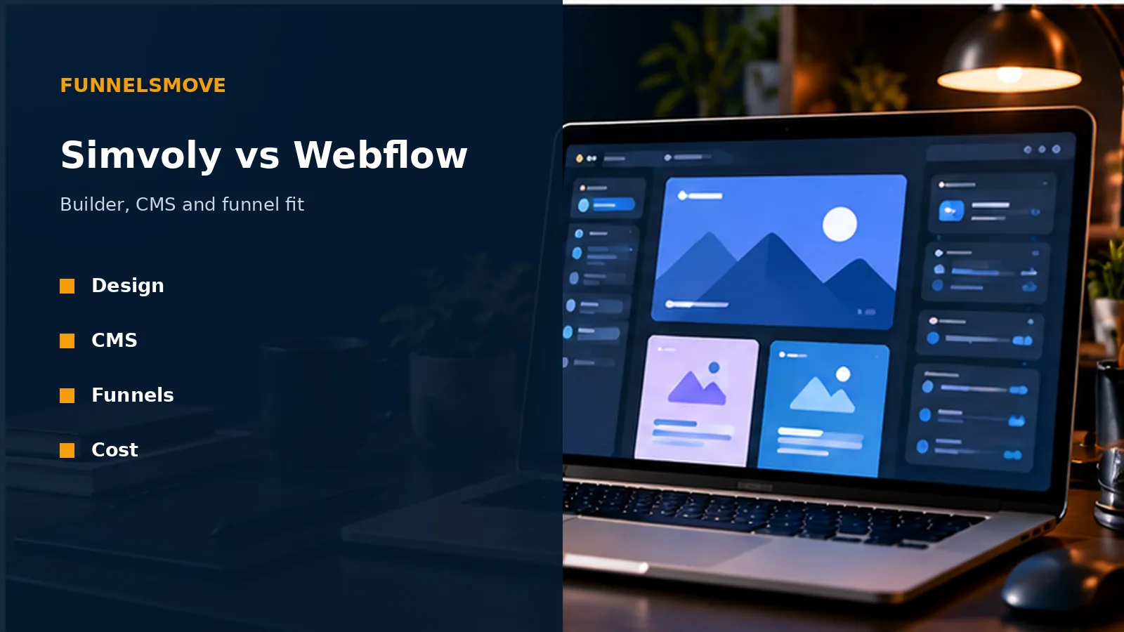 Simvoly vs Webflow: Builder, Funnels and Fit illustrated in a modern workspace