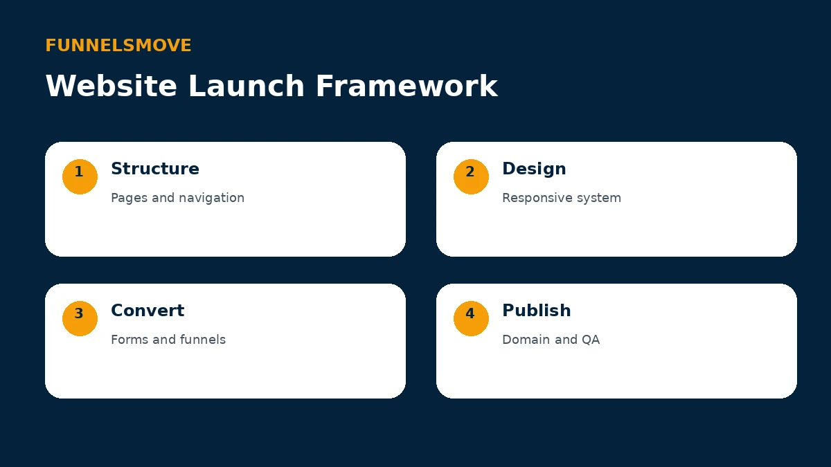 Four-step website launch framework for structure, responsive design, conversion and publishing